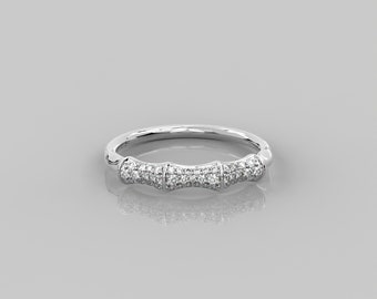 0.29 Ct Round Cut Natural Diamond Statement Ring For Women/ 10K Solid Gold Bamboo Ring / Stylish Pave Diamond Band / Half Eternity Band