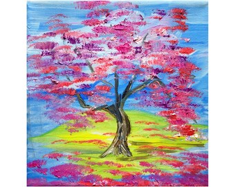 Sakura Blossom Painting Japan Painting Original Art Oil Painting Sakura Tree Painting Gift Stretched Canvas 8 by8”by MagicalPaintings25