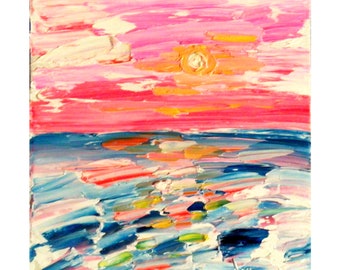 Romantic Sunset Painting Seascape Painting Original Artwork Oil Impasto Delicate Color Art Gift for Mom 14 by 14 ” by MagicalPaintings25