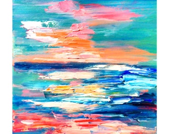 Seascape Sunrise Painting Original Art Romantic Painting Delicate Color Art Abstract Oil Painting 14 by14 “ by MagicalPaintings25