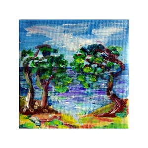 French Riviera Painting Seascape Oil  Painting Original Small Art Set Easel with Painting  Gift Wall Art  by 2,5 x2,5” by MagicalPaintings25