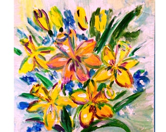 Daffodils Painting Spring Flowers Painting Original Art Acrylic Impasto Painting Stretched Canvas 8 by 8 inches by MagicalPaintings25