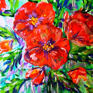 Amapolas rojas, arte original, pintura acrílica, flores de campo, arte abstracto empaste, regalo, lienzo sobre cartón, 25 x 25 cm, de MagicalPaintings25