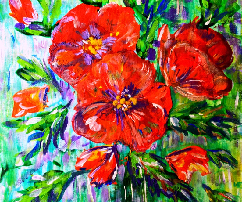 Red Poppies Original Art Acrylic Painting Flowers Painting Abstract 2024 Impasto Art Gift Canvas on cardboard 10 by 10 “ by MagicalPaintings25