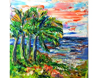 Hawaii Painting Seascape Painting Original Art Palm Trees Painting  Impasto Art Oil  on Stretched Canvas 12 by 12 “ by MagicalPaintings25