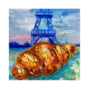 Croissant Painting Eiffel Tower Painting Original Art  Oil Impasto  Painting  Set Price Easel with Painting by 4x4 ” by MagicalPaintings25