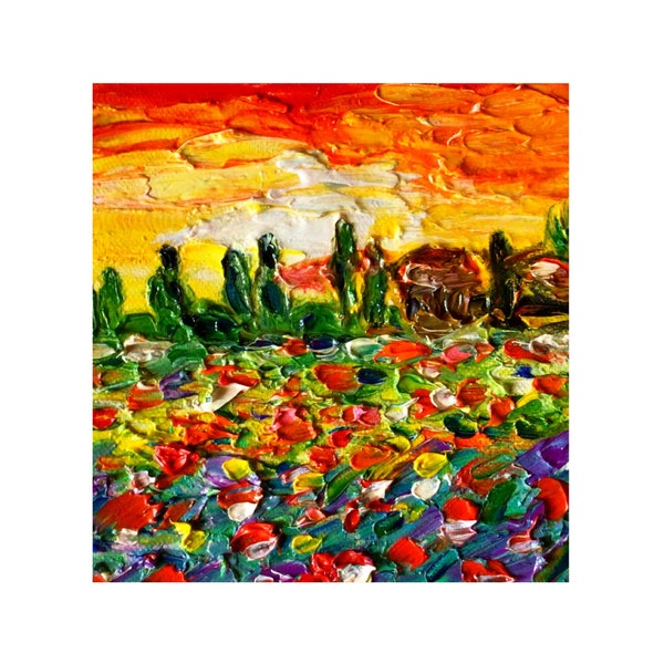 Tuscany Painting Italy Sunset Painting Original Art Oil Impasto  Art Gift  for Mom Mini Canvas  6 by 6 " by MagicalPaintings25