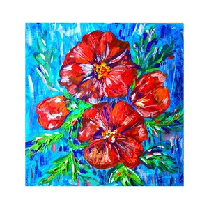 Amapolas Rojas Arte Original Pintura Acrílica Flores Pintura Abstracta Impasto Art Canvas sobre cartón 10 por 10" por MagicalPaintings25