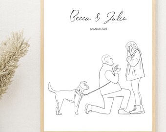 Custom line art engagement illustration, personalized portrait, engagement, engagement anniversary, fiançailles, custom digital art