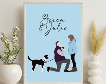 Custom engagement illustration, personalized portrait, engagement, engagement anniversary, fiançailles, custom digital art