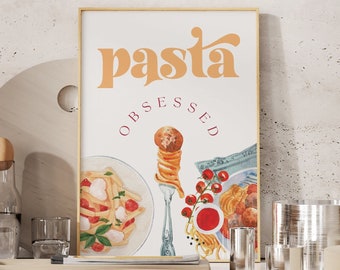 Arte mural de pasta, ilustración de comida italiana, decoración de cocina moderna, impresión de cafetería en acuarela