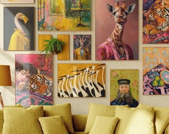 Eclectic Funky Animal Prints SET of 9 | Maximalist Museum Gallery Wall | Printable Colorful Vintage Posters