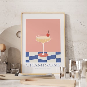 Preppy Rosa Champagner Druck | Maximalistische Retro funkelnde Champagnerkunst | Eklektischer Barwagen Art