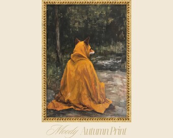 Moody Autumn Fox Wall Art, Anthropomorphic Woodland Animal Portrait, Cottagecore Fall Decor