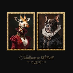 Victorian Animal Couple Art | Gothic Giraffe and Dog Prints | Moody Halloween Animal Artwork | Grunge Wall Décor