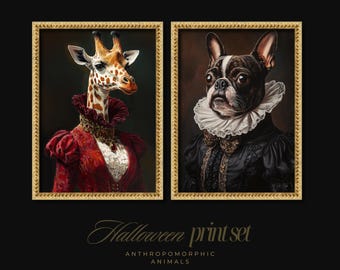 Gothic Animal Art Anthropomorphic Portrait Set, Victorian Dark Fantasy Halloween Wall Decor