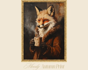 Moody Autumn Fox Portrait Wall Art – Anthropomorphic Animal Vintage Painting
