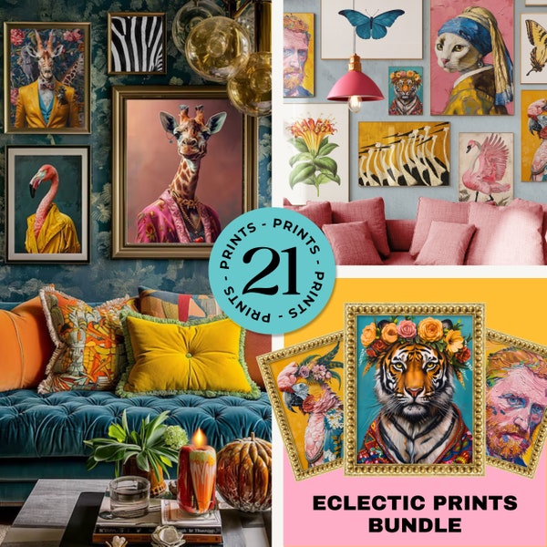 Eclectic Animal Prints Set of 21 | Funky Maximalist Wall Art Bundle | Animal Portrait Gallery Wall