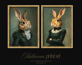 Victorian Rabbit Portrait Prints – Whimsical Animal Art, Dark Academia Wall Decor