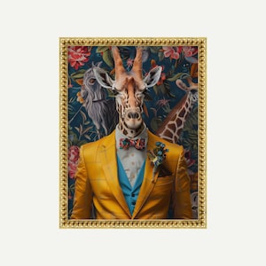 Impresión de jirafa en traje / Cartel de jirafa funky / Arte animal maximalista