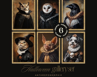 Halloween Wall Art Gallery Wall Set, Anthropomorphic Gothic Animal Portraits, Dark Academia Decor