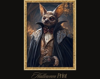 Gothic Animal Art Vampire Bat Portrait, Victorian Dark Fantasy Anthropomorphic Wall Decor
