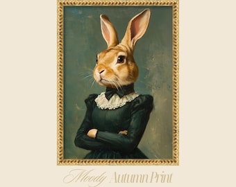 Moody Autumn Rabbit Wall Art, Anthropomorphic Bunny Portrait, Vintage Cottagecore Decor