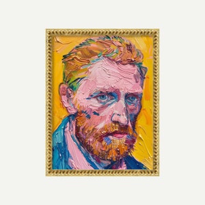 May include: A painting of a man's face with a thick, orange beard. The background is a bright yellow. The painting is done in a thick, impasto style, with visible brushstrokes.