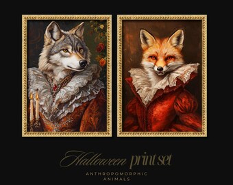 Victorian Wolf & Fox Portrait Set – Gothic Anthropomorphic Animal Wall Art