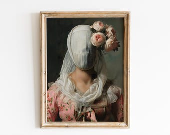 Surreal Portrait Art Faceless Floral Portrait, Moody Romantic Feminine Wall Decor