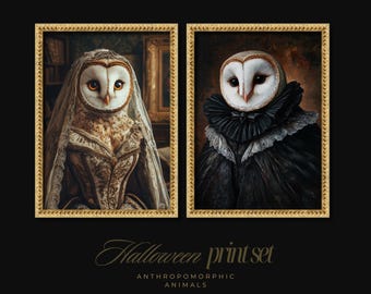 Victorian Owl Wall Art Set – Gothic Barn Owl Halloween Prints