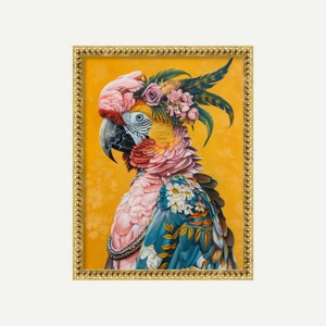 Impresión maximalista de loros florales / Póster de animales funky / Arte ecléctico de aves