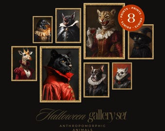 Halloween Wall Art Animal Gallery Set, Gothic Anthropomorphic Vintage Animal Decor