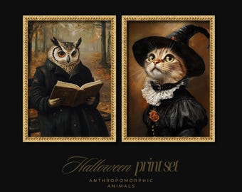 Victorian Dark Academia Owl & Cat Portrait Set