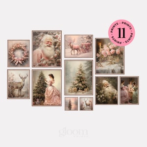 Pink Vintage Christmas Print SET of 11 | Holiday Farmhouse Gallery Wall | Printable Santa Poster