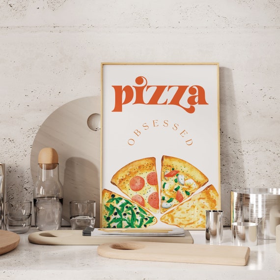 Pizza Wall Art Food Illustration, Colorful Italian Kitchen Decor, Modern Cooking Typography Poster