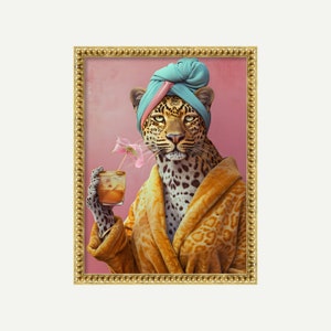 Leopard im Bademantel Druck | Funky Leopard Poster | Minimalistische Tierkunst