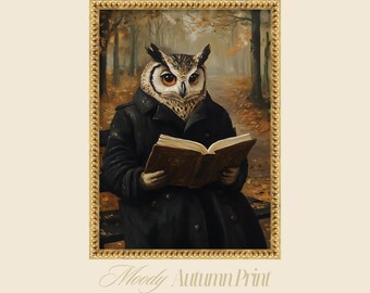 Anthropomorphic Owl Art Print, Vintage Animal Reading Book Wall Art