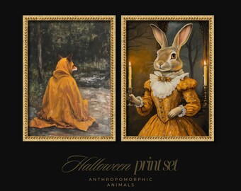 Gothic Woodland Animals Set – Fox & Rabbit Halloween Wall Art (2 Prints)