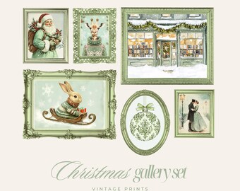 Christmas Wall Art Vintage Christmas Gallery Wall Set, Green Victorian Pastel Holiday Decor
