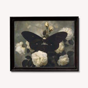 Gothic Butterfly Art - Vintage Black Moth and Moody Floral Prints, Dark Academia and Halloween Moth Decor