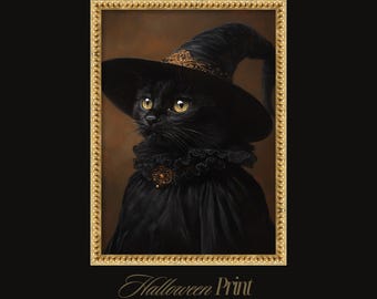 Black Witch Cat Halloween Cat Art, Gothic Vintage Anthropomorphic Fantasy Wall Decor