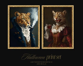 Anthropomorphic Leopard Portrait, Vintage Baroque Animal Wall Art, Luxury Eclectic Statement Decor