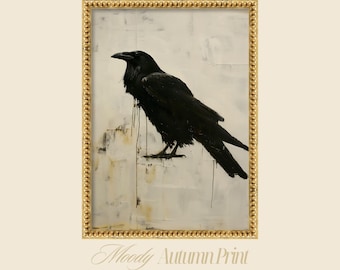 Dark Raven Wall Art Print, Gothic Bird Painting, Moody Vintage Decor