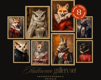 Halloween Wall Art Gallery Wall Set, Anthropomorphic Vintage Gothic Animal Portraits, Dark Academia Decor