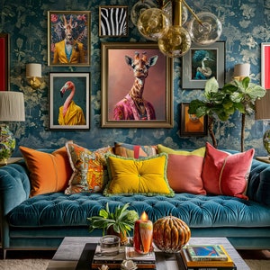 Eklektische Tierdrucke 6er SET | Funky Tierwandkunst | Maximalistische Museums-Galeriewand