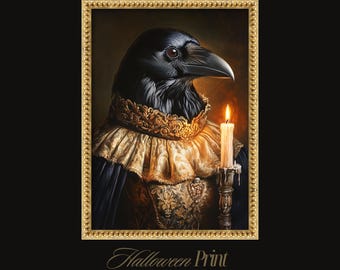 Gothic Wall Art Raven Portrait, Victorian Anthropomorphic Crow, Dark Academia Halloween Print