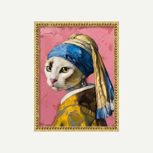 Cat with a Pearl Earring Print | Eclectic Cat Poster | Johannes Vermeer Animal Art