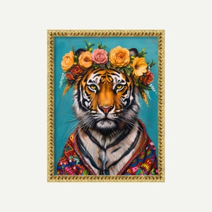 Eklektisches Tiger-Druck | Funky Blumen Tiger Poster | Minimalistische Tierkunst