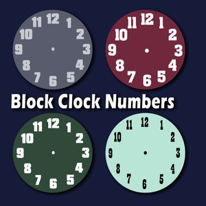May include: Four different colored clock faces with block numbers. The clock faces are gray, maroon, dark green, and light green.